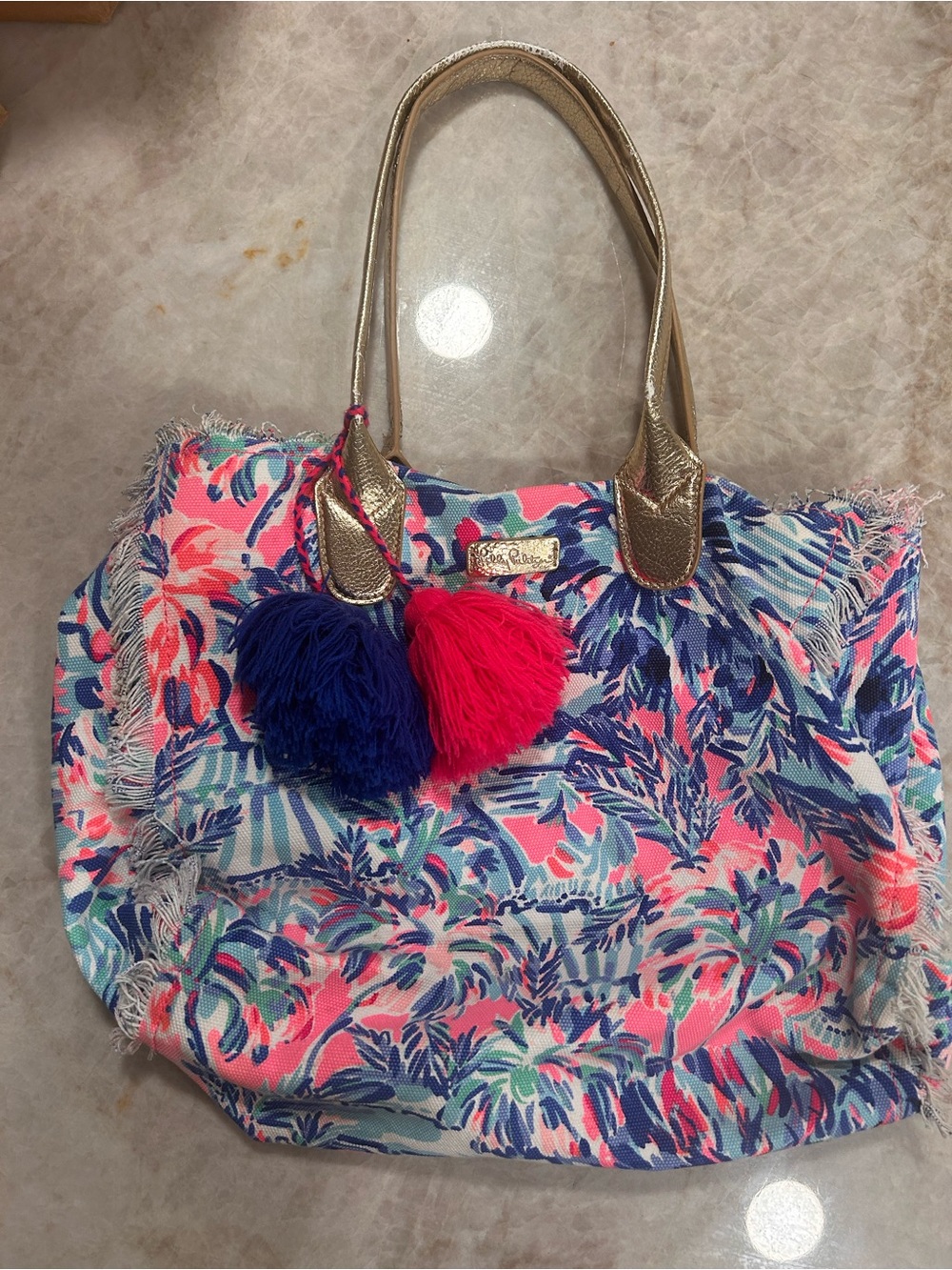 LILLY PULITZER Tropical Floral Beach Tote with Gold Handles - Pink & Blue